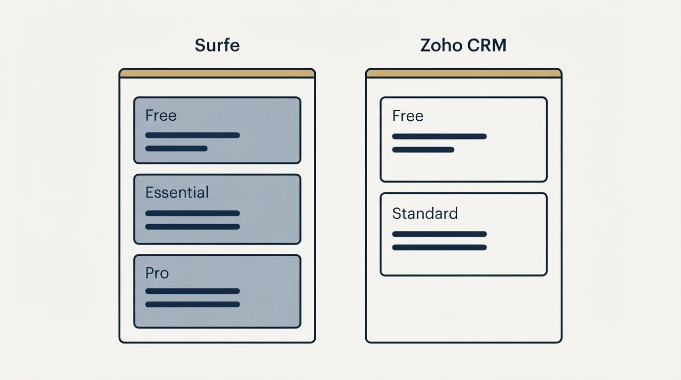 Pricing panels: Pricing Comparison (Surfe, Zoho CRM, Free, Essential)