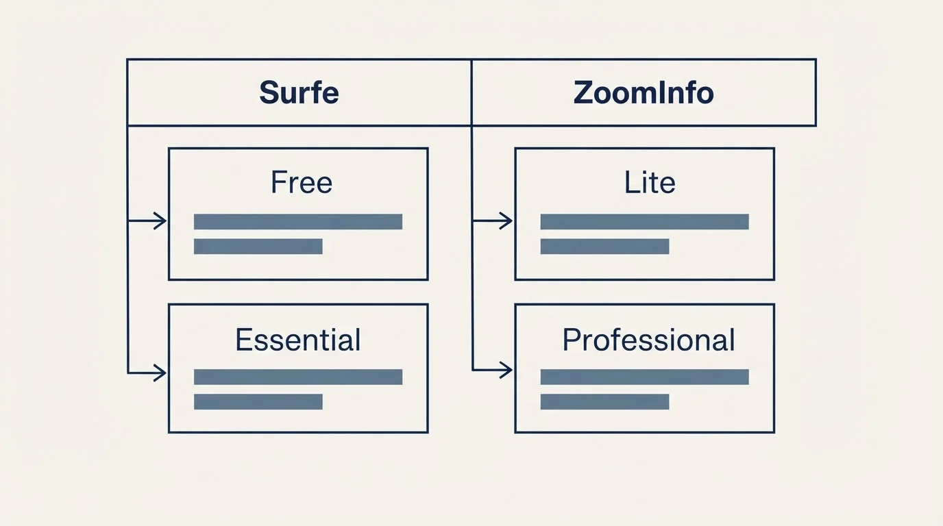 Pricing table: Pricing Comparison (Surfe, ZoomInfo, Free, Lite)