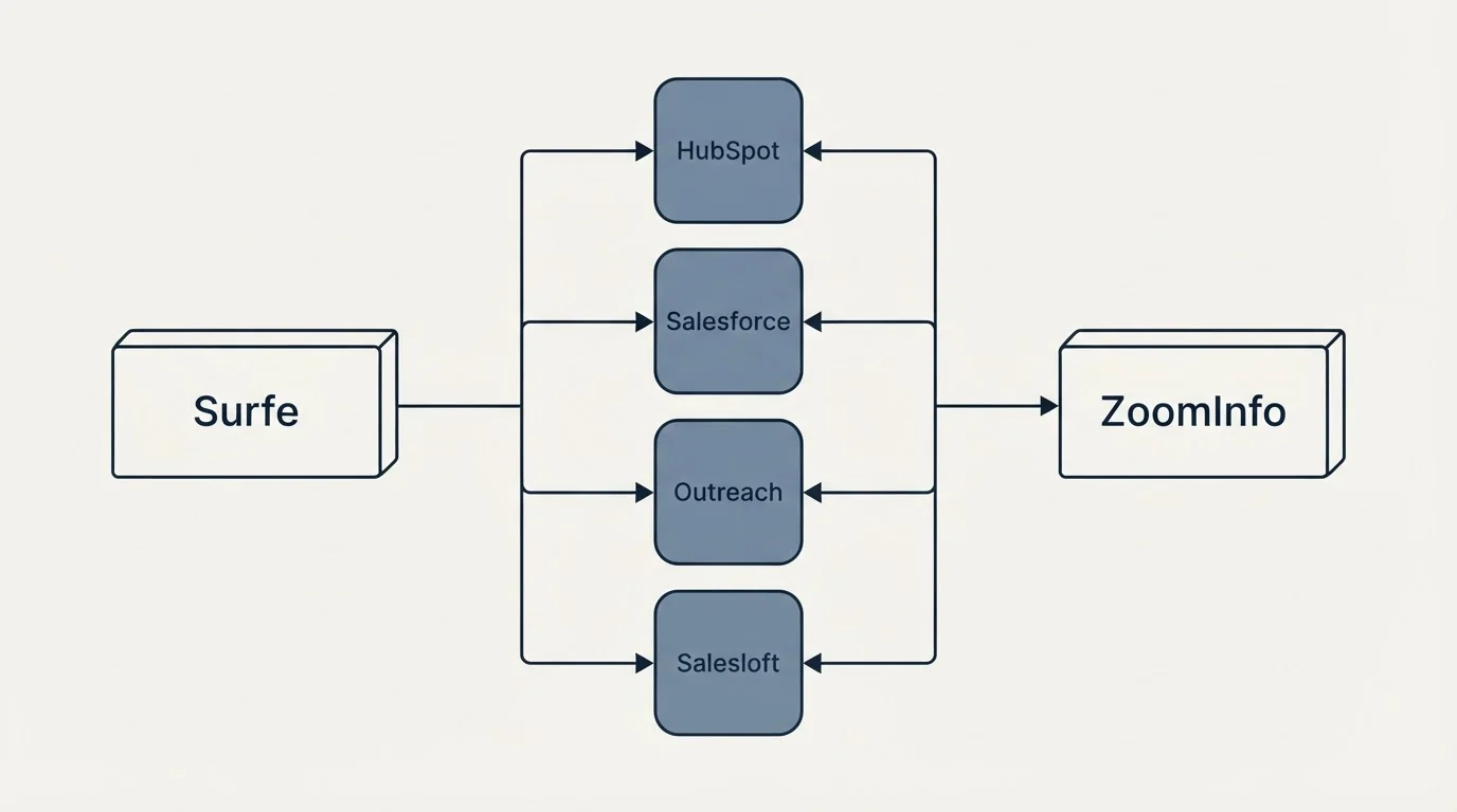 Integration flow: Integration Ecosystem (Surfe, ZoomInfo, HubSpot, Salesforce)