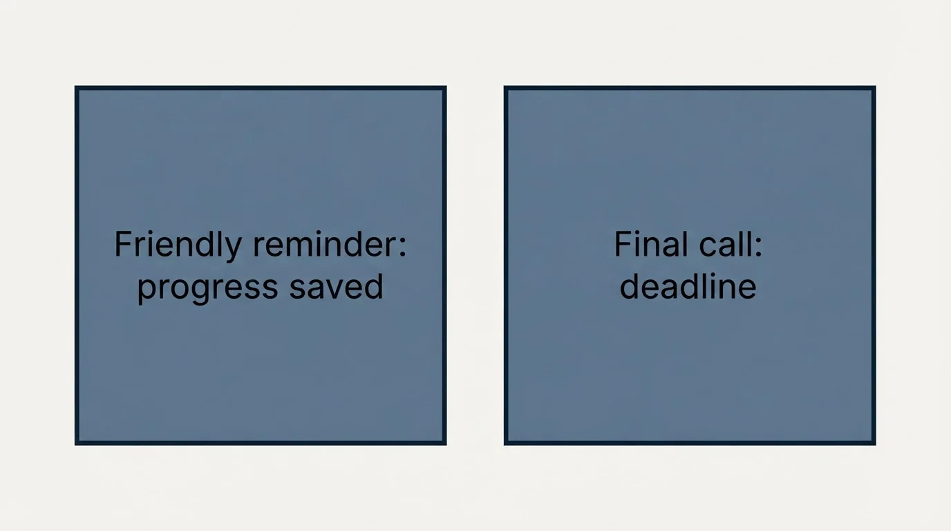 Schematic: Follow-Up and Reminder Templates (Friendly reminder: progress saved, Final call: deadline)