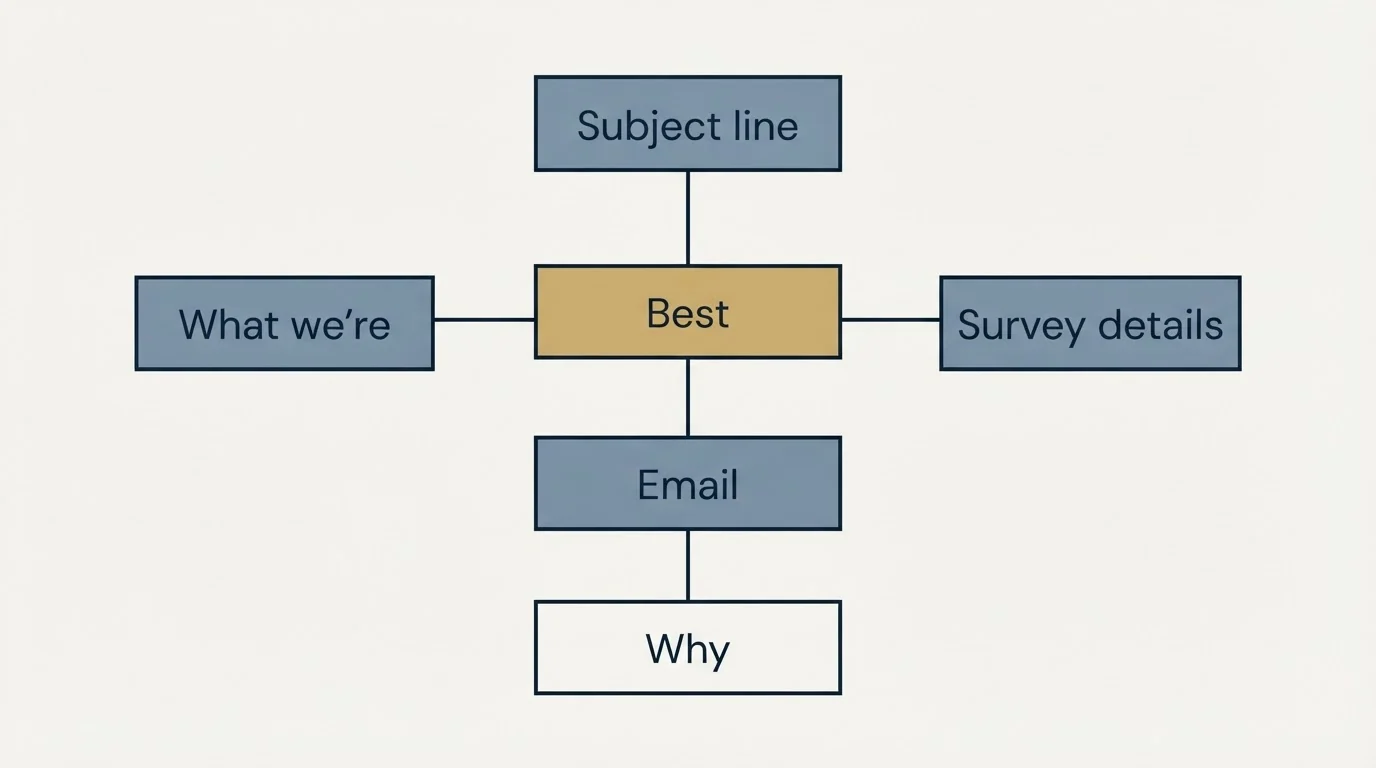 Schematic: Internal and Team Survey Templates (Best, Subject line, Email, What we're)