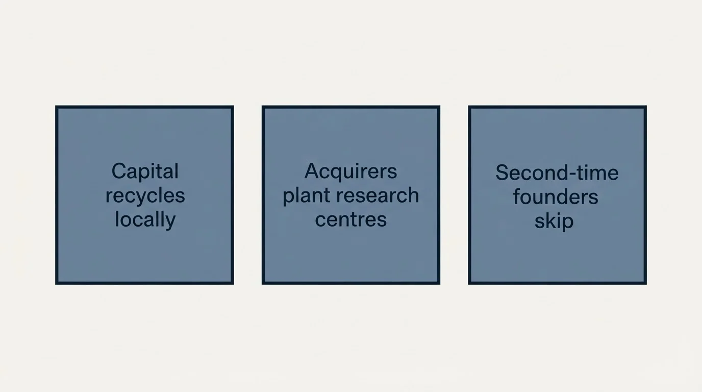 Schematic: Why exit velocity compounds (Capital recycles locally, Acquirers plant research centres, Second-time founders skip)