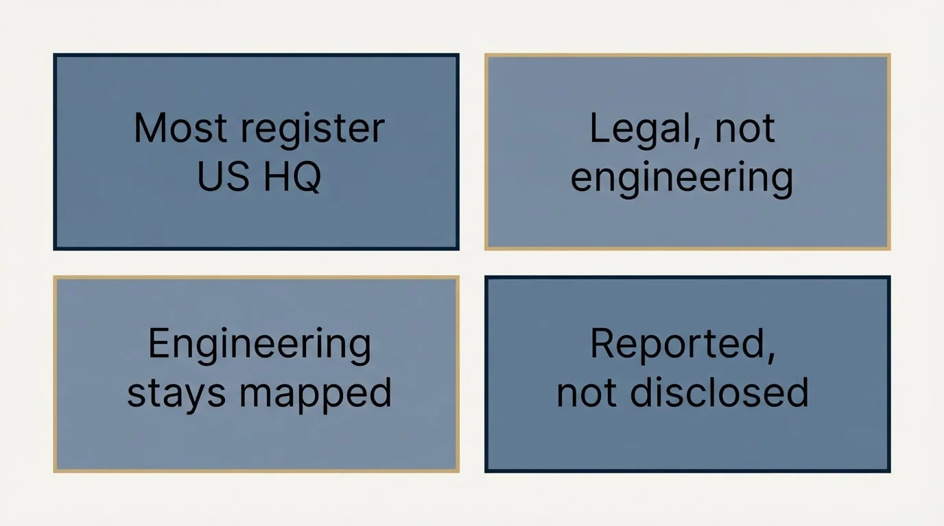 Schematic: The headquarters trick (Most register US HQ, Legal, not engineering, Engineering stays mapped, Reported, not disclosed)