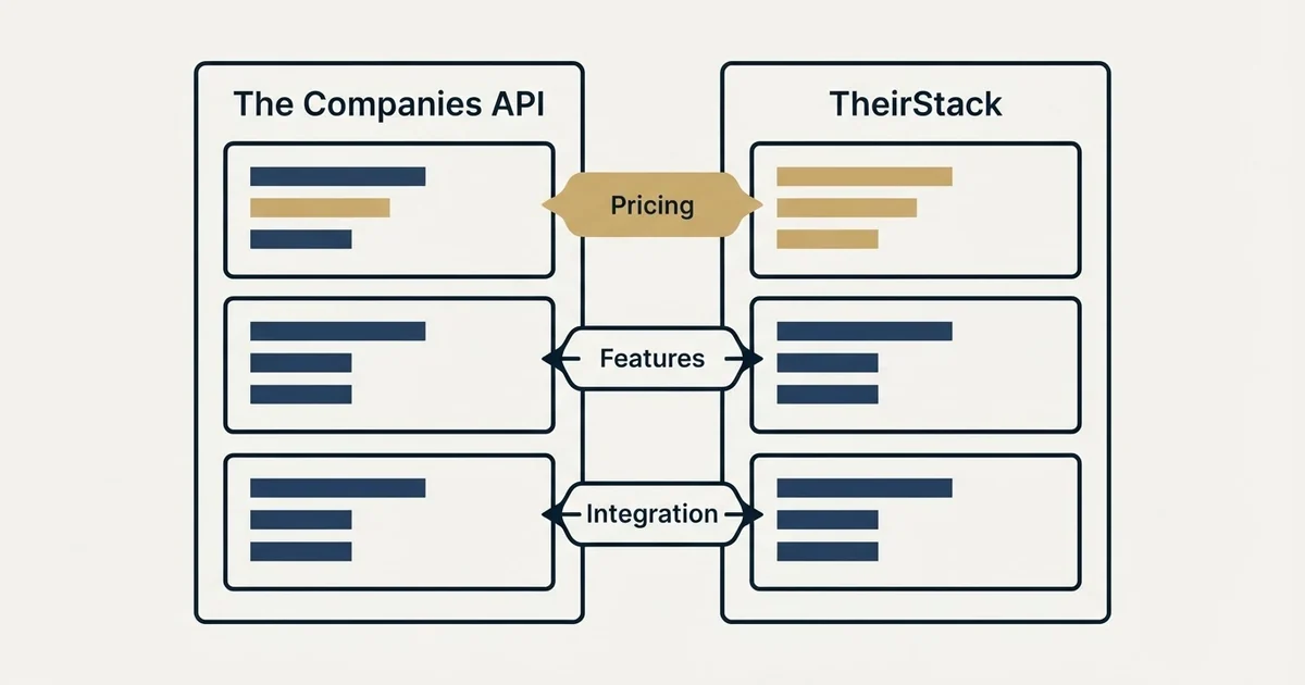 Comparison panel: The Companies API vs TheirStack (Pricing, Features, Integration)