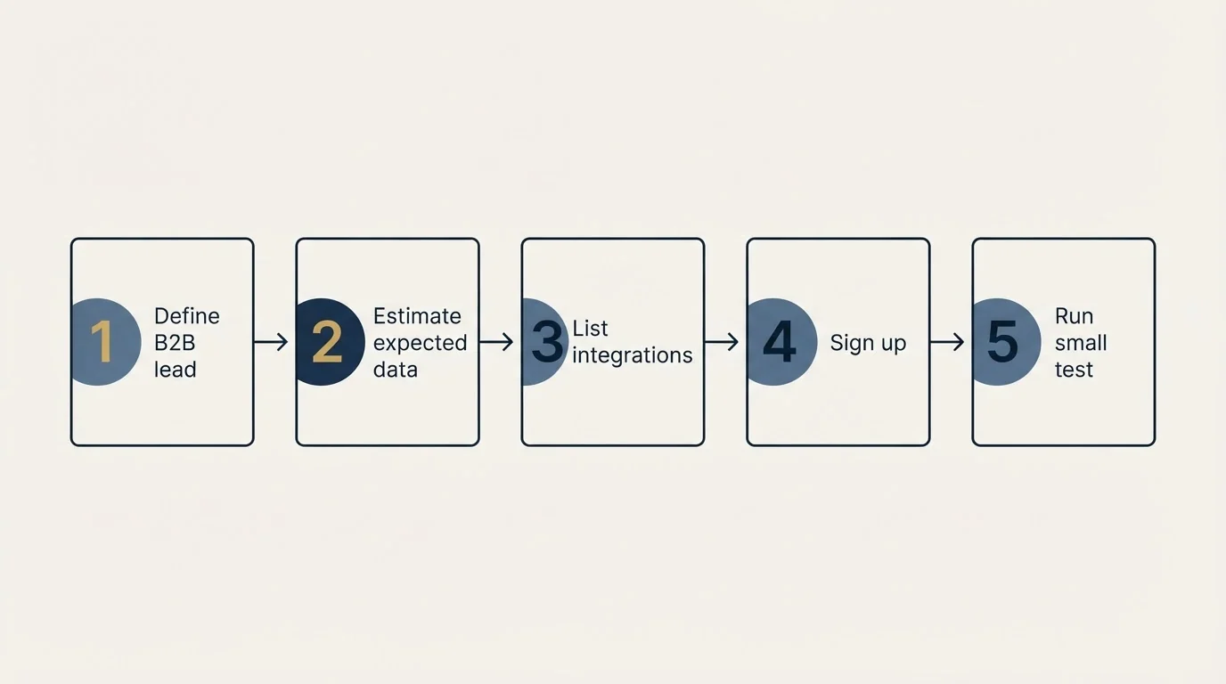 Step sequence: Getting Started Checklist (Define B2B lead, Estimate expected data, List integrations, Sign up)