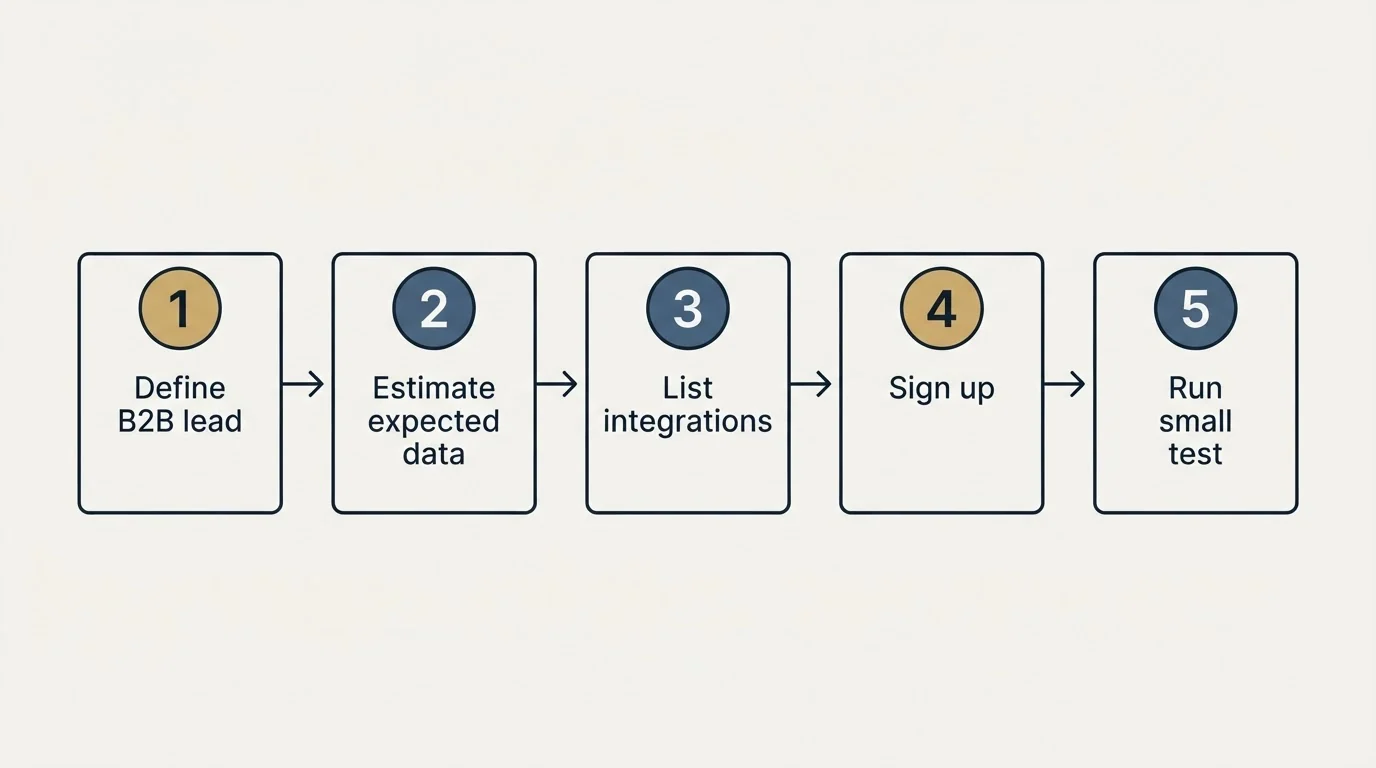 Step sequence: Getting Started Checklist (Define B2B lead, Estimate expected data, List integrations, Sign up)