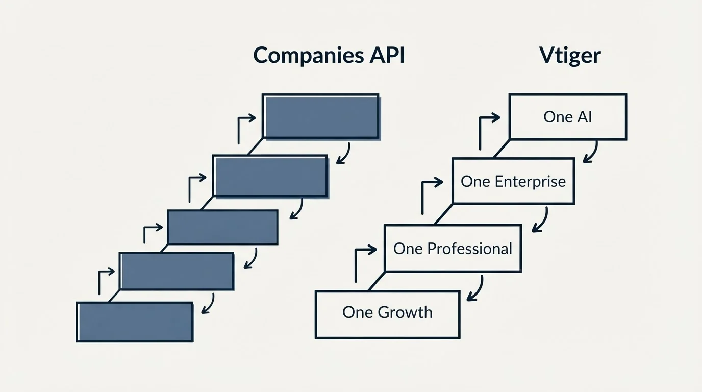 Pricing ladder: Pricing Comparison (Companies API, Vtiger, One Growth, One Professional)
