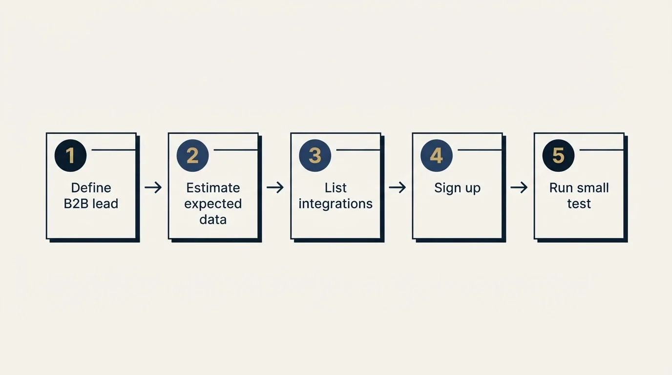 Step sequence: Getting Started Checklist (Define B2B lead, Estimate expected data, List integrations, Sign up)