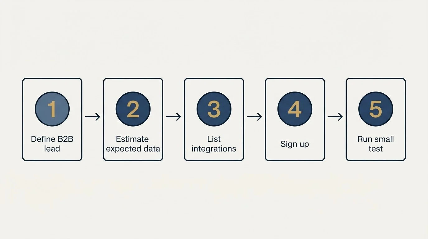 Step sequence: Getting Started Checklist (Define B2B lead, Estimate expected data, List integrations, Sign up)
