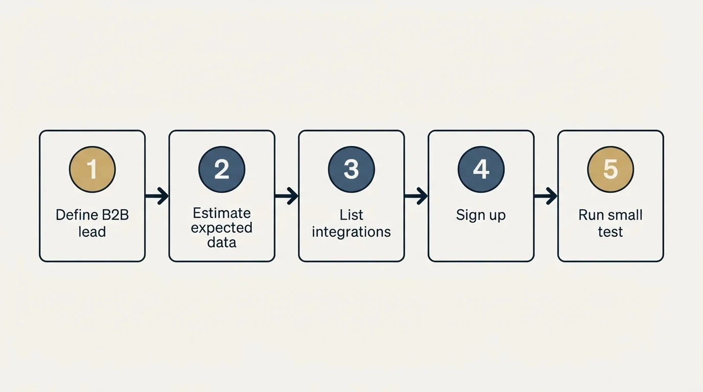 Step sequence: Getting Started Checklist (Define B2B lead, Estimate expected data, List integrations, Sign up)