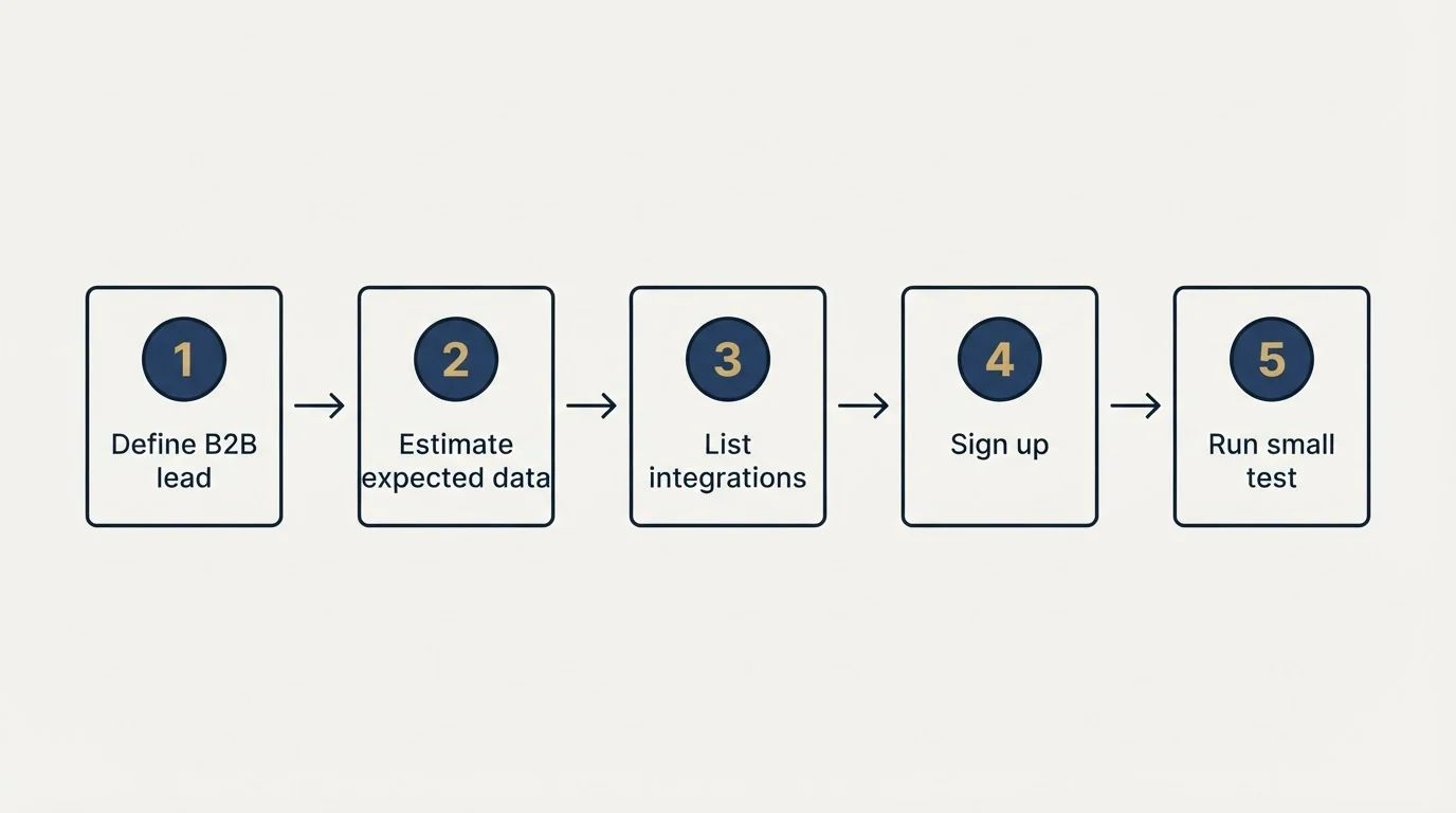 Step sequence: Getting Started Checklist (Define B2B lead, Estimate expected data, List integrations, Sign up)