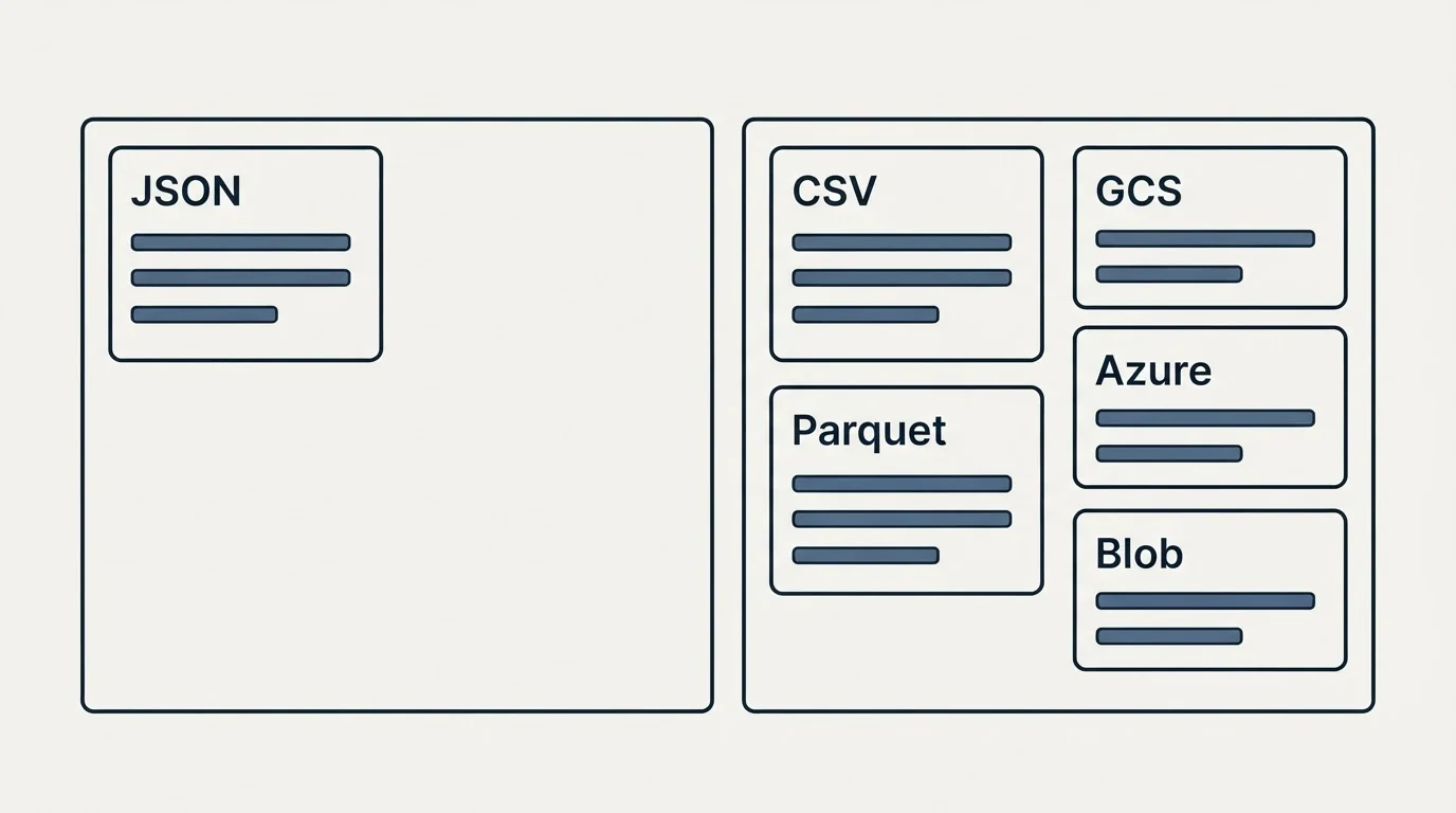 Pricing panels: The datasets tab: a price the page does not print (JSON, CSV, Parquet, GCS)