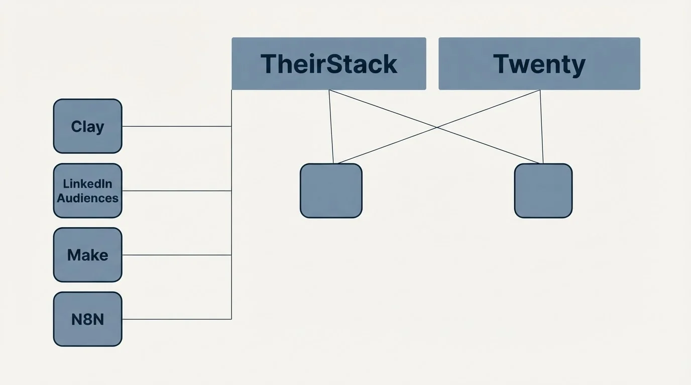 Integration grid: Integration Ecosystem (TheirStack, Twenty, Clay, LinkedIn Audiences)