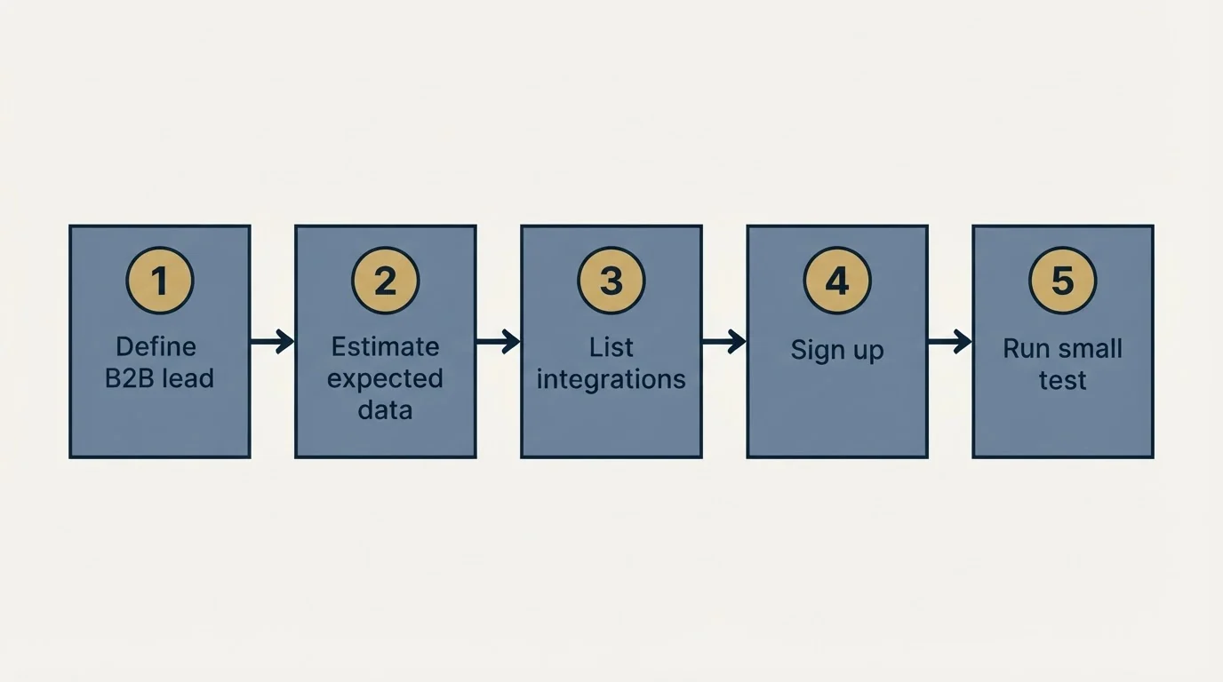 Step sequence: Getting Started Checklist (Define B2B lead, Estimate expected data, List integrations, Sign up)