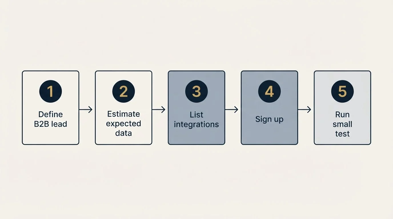 Step sequence: Getting Started Checklist (Define B2B lead, Estimate expected data, List integrations, Sign up)