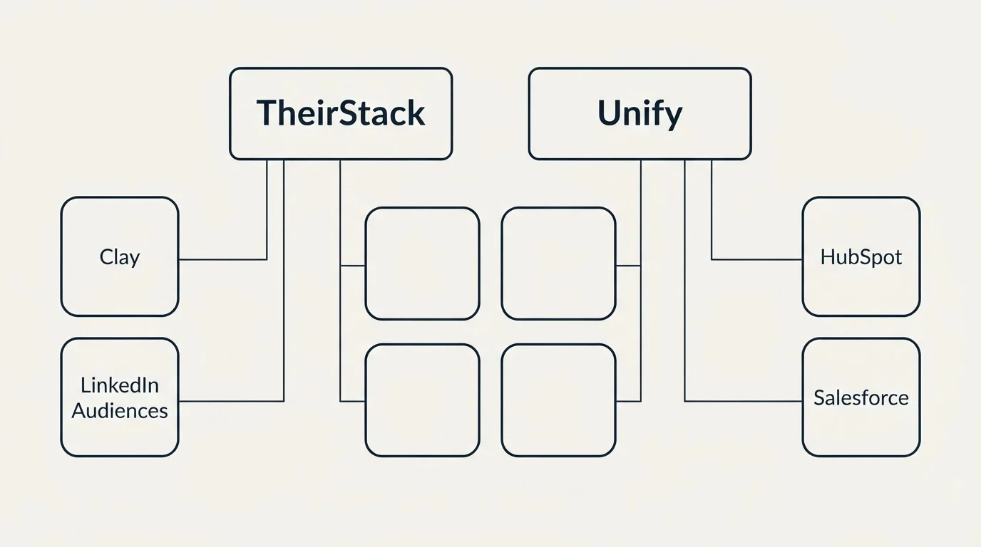 Integration grid: Integration Ecosystem (TheirStack, Unify, Clay, HubSpot)