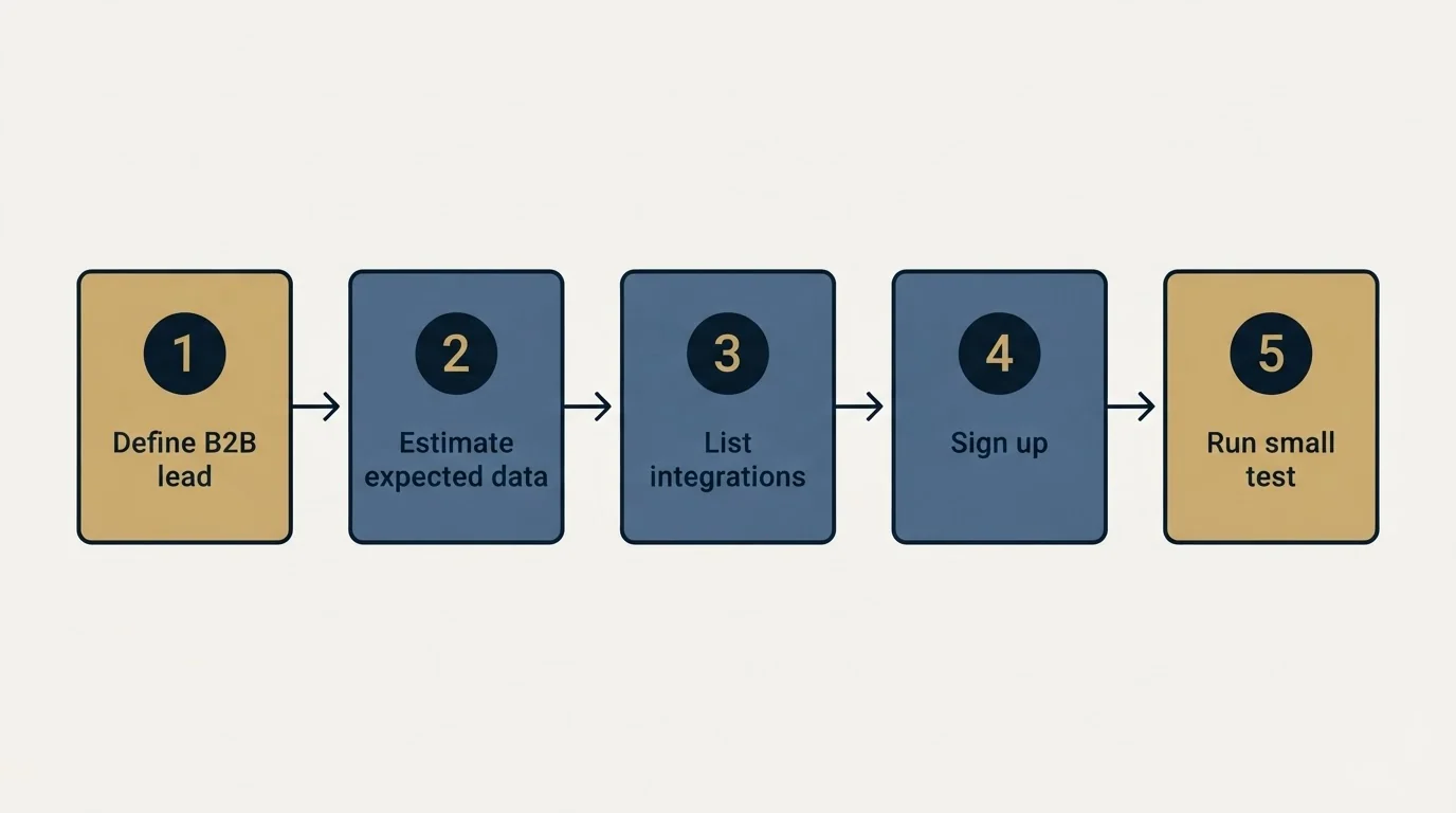 Step sequence: Getting Started Checklist (Define B2B lead, Estimate expected data, List integrations, Sign up)