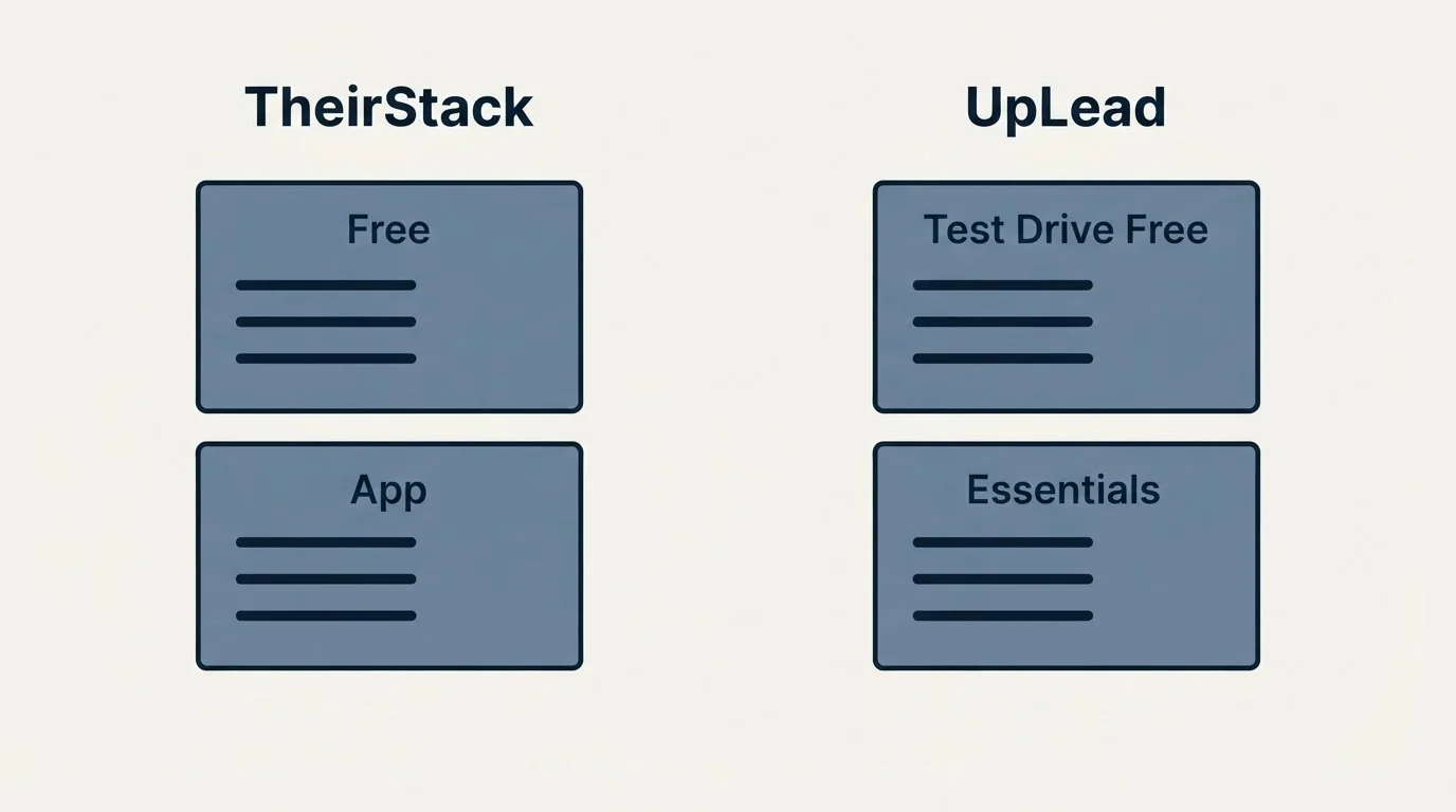 Pricing panels: Pricing Comparison (TheirStack, UpLead, Free, Test Drive Free)
