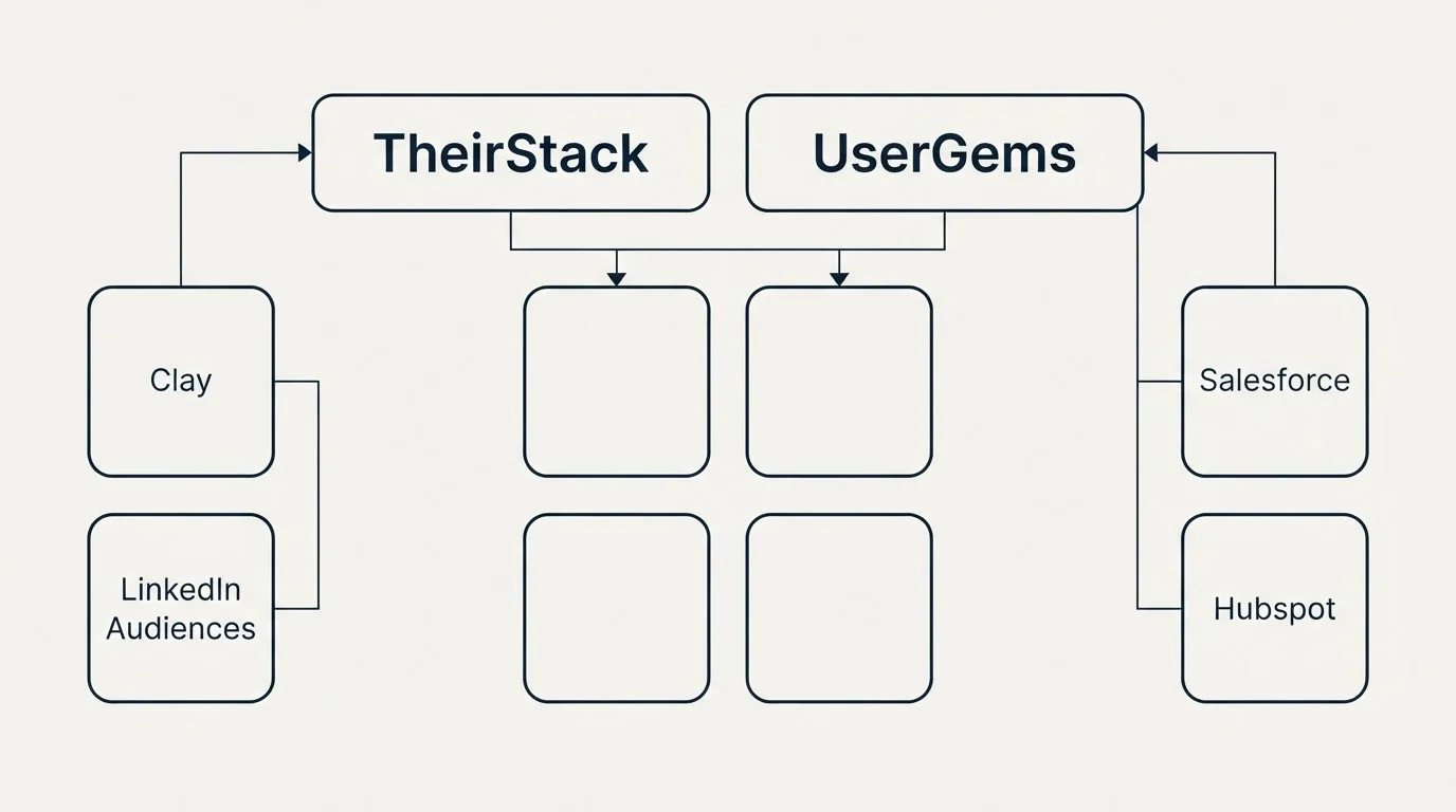 Integration grid: Integration Ecosystem (TheirStack, UserGems, Clay, Salesforce)