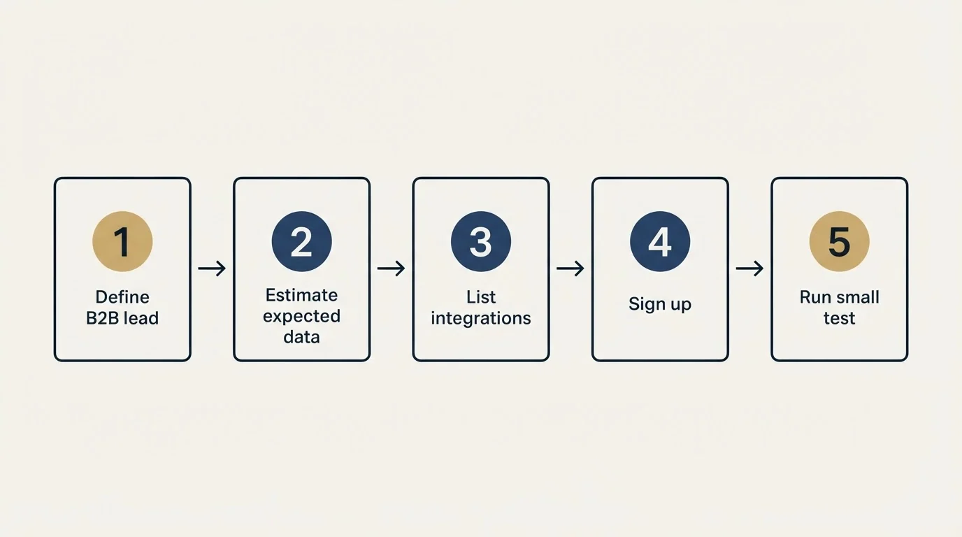 Step sequence: Getting Started Checklist (Define B2B lead, Estimate expected data, List integrations, Sign up)