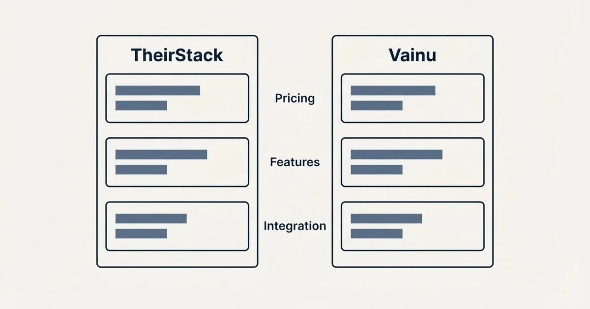 Comparison panel: TheirStack vs Vainu (Pricing, Features, Integration)