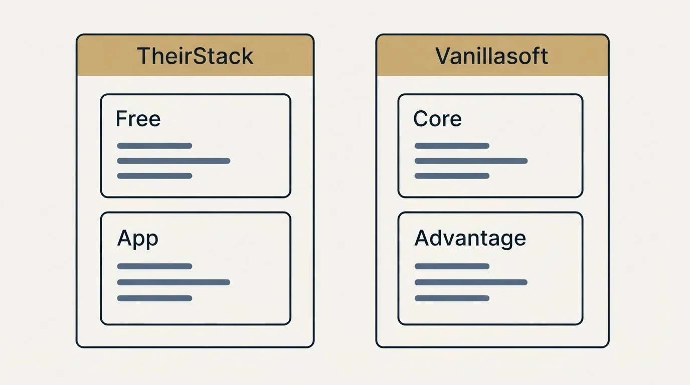 Pricing panels: Pricing Comparison (TheirStack, Vanillasoft, Free, Core)