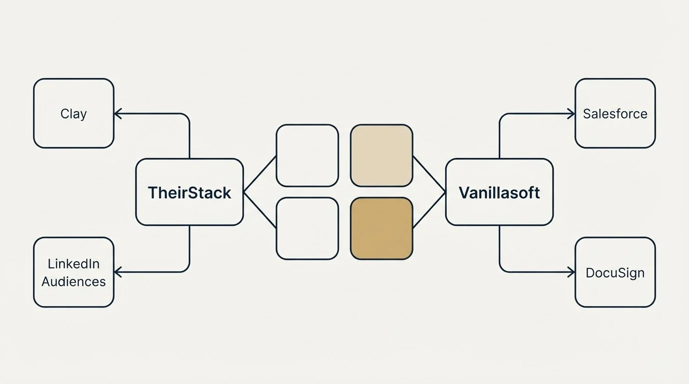 Integration schematic: Integration Ecosystem (TheirStack, Vanillasoft, Clay, Salesforce)