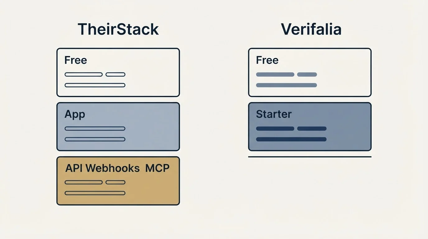 Pricing panels: Pricing Comparison (TheirStack, Verifalia, Free, App)