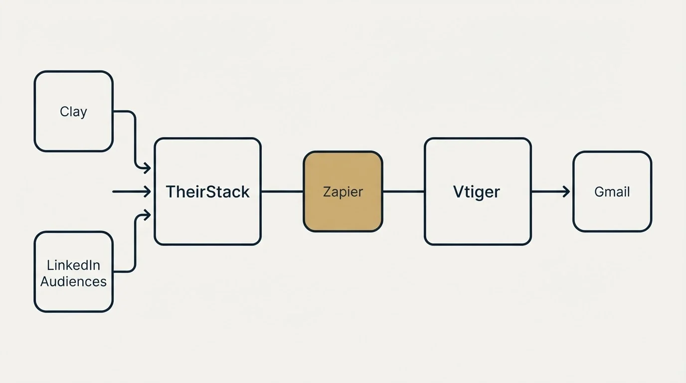 Integration schematic: Integration Ecosystem (TheirStack, Vtiger, Zapier, Clay)