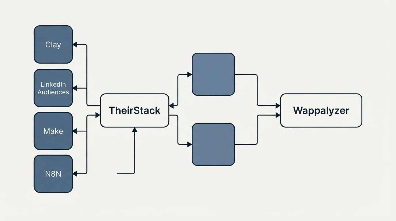 Integration flow: Integration Ecosystem (TheirStack, Wappalyzer, Clay, LinkedIn Audiences)