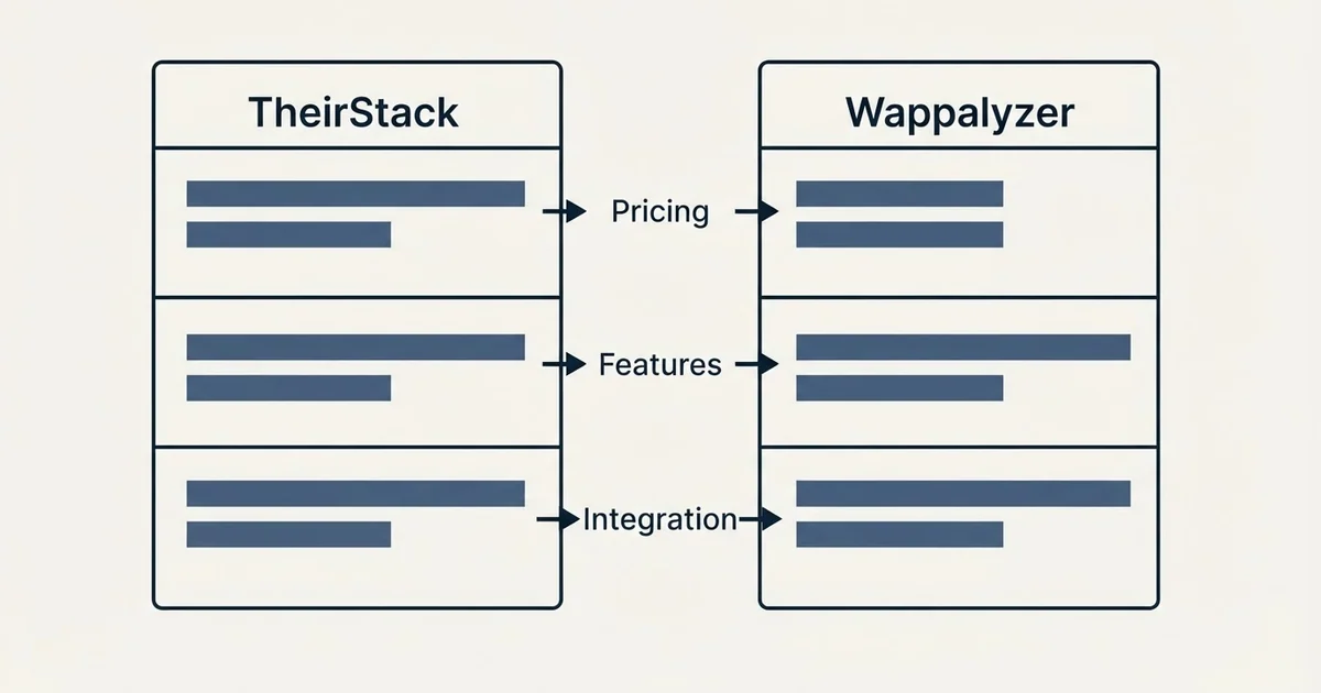 Comparison panel: TheirStack vs Wappalyzer (Pricing, Features, Integration)