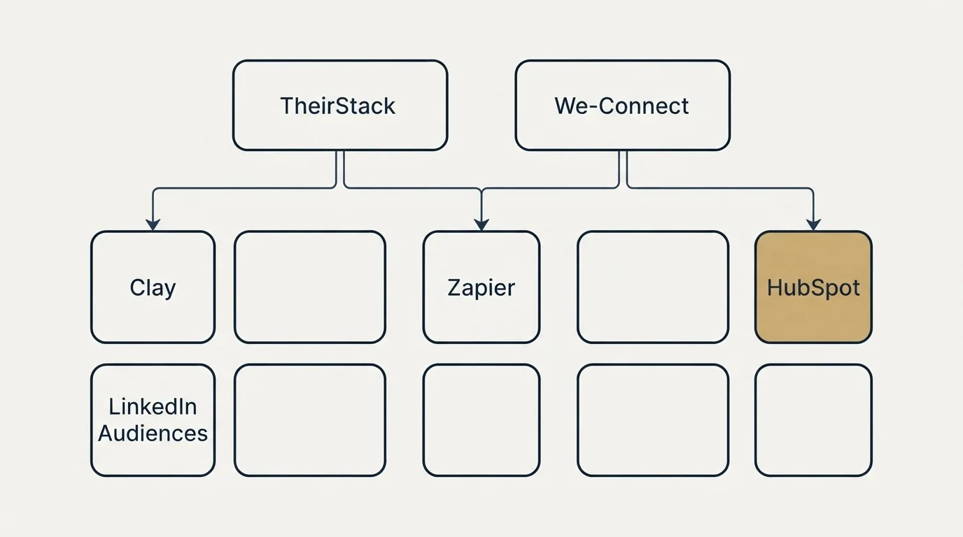 Integration grid: Integration Ecosystem (TheirStack, We-Connect, Zapier, Clay)