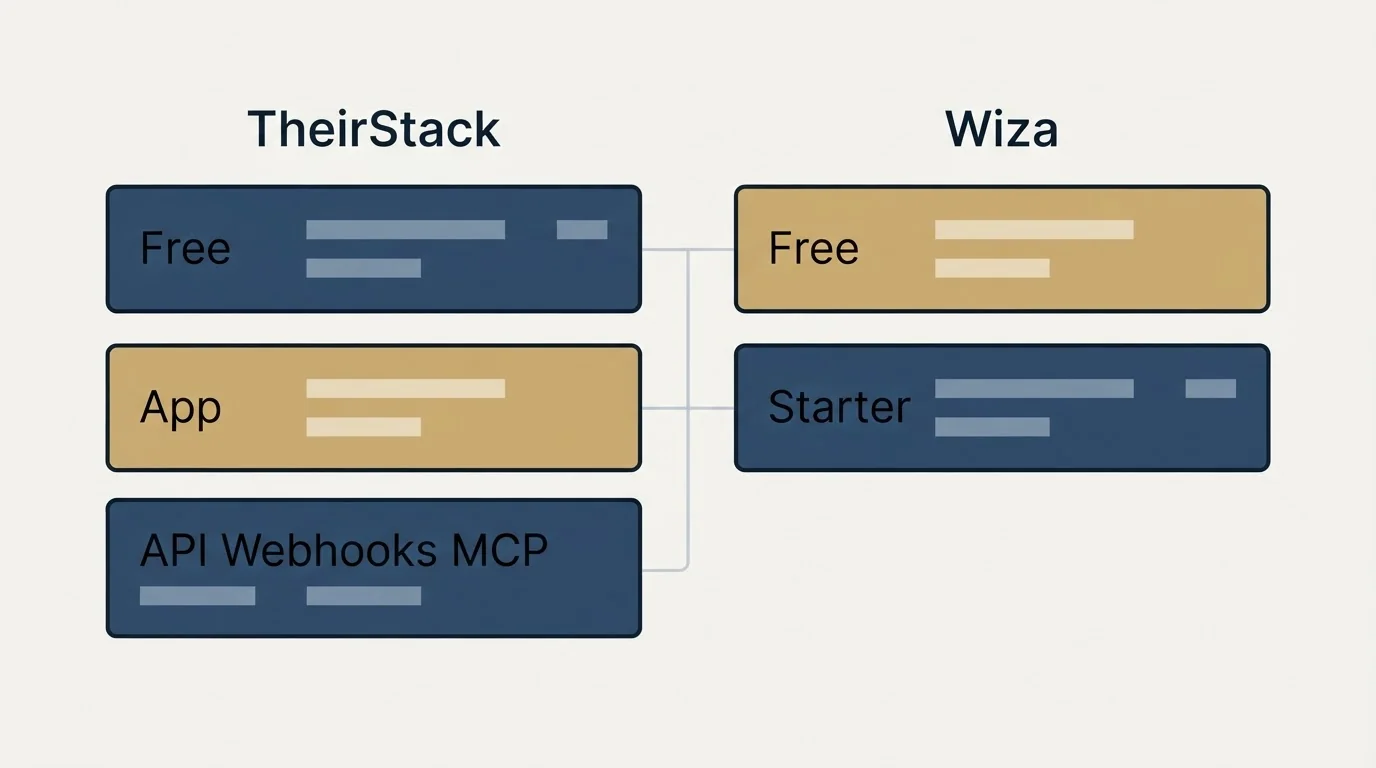 Pricing table: Pricing Comparison (TheirStack, Wiza, Free, App)