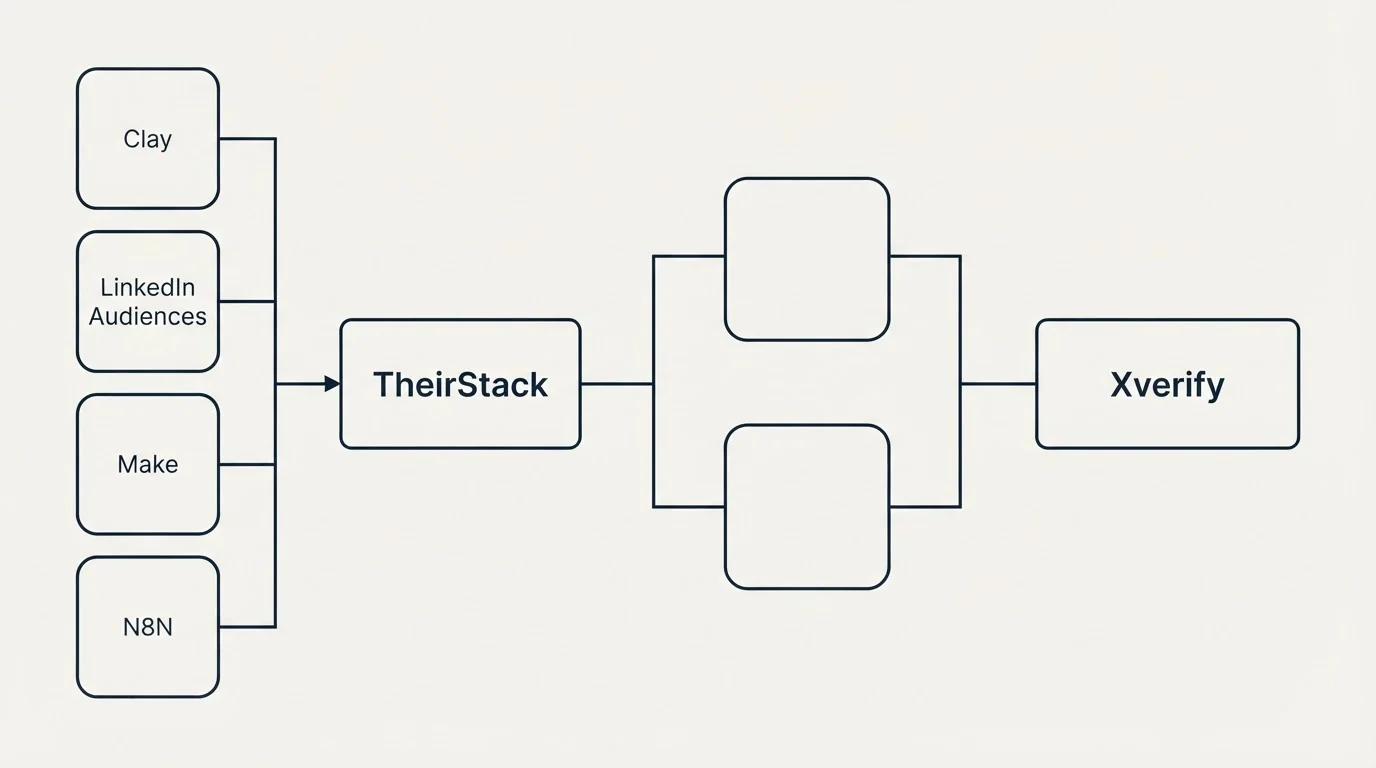 Integration flow: Integration Ecosystem (TheirStack, Xverify, Clay, LinkedIn Audiences)