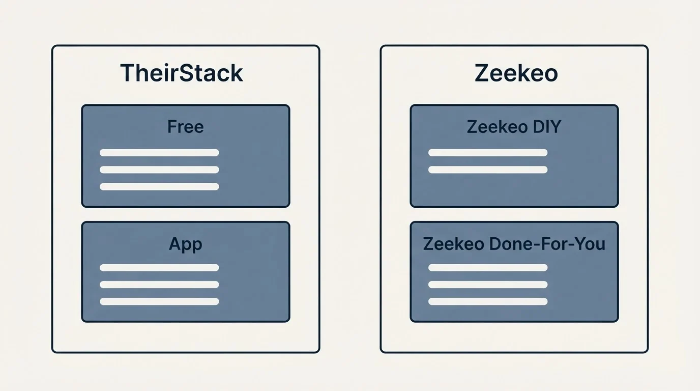 Pricing panels: Pricing Comparison (TheirStack, Zeekeo, Free, Zeekeo DIY)