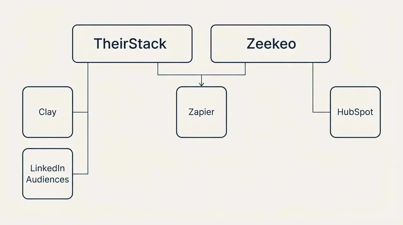 Integration grid: Integration Ecosystem (TheirStack, Zeekeo, Zapier, Clay)