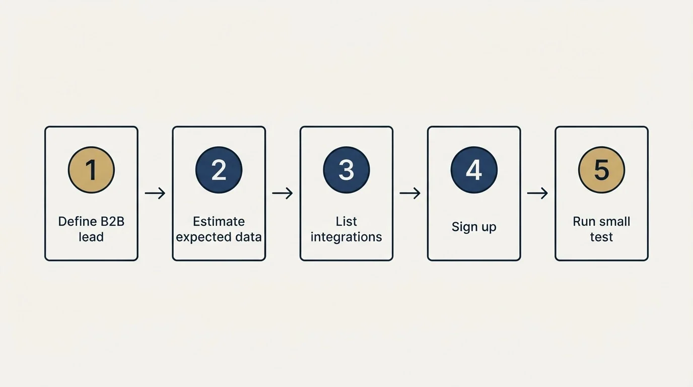 Step sequence: Getting Started Checklist (Define B2B lead, Estimate expected data, List integrations, Sign up)