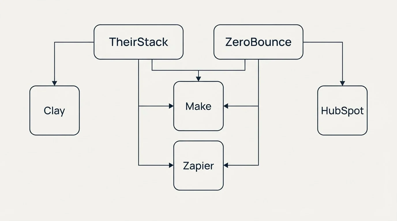 Integration grid: Integration Ecosystem (TheirStack, ZeroBounce, Make, Zapier)