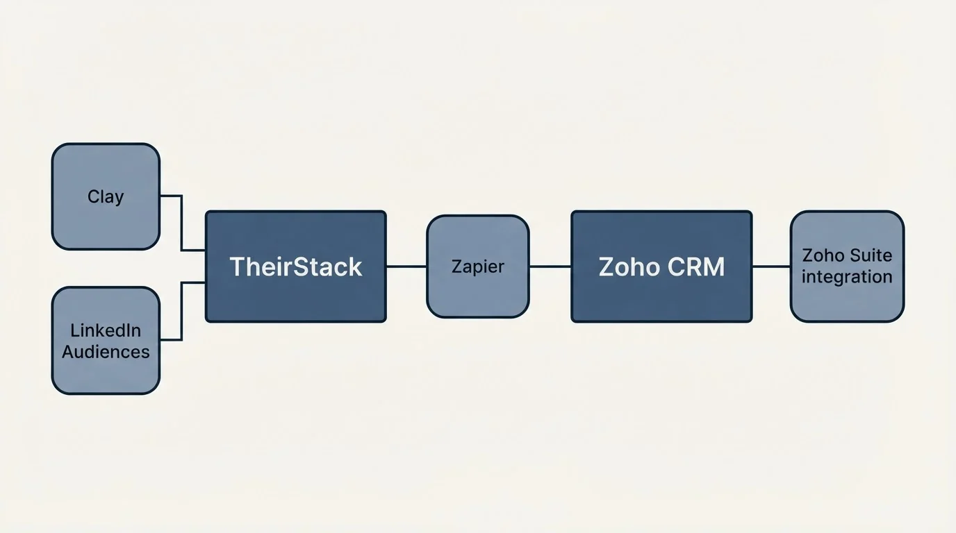 Integration flow: Integration Ecosystem (TheirStack, Zoho CRM, Zapier, Clay)