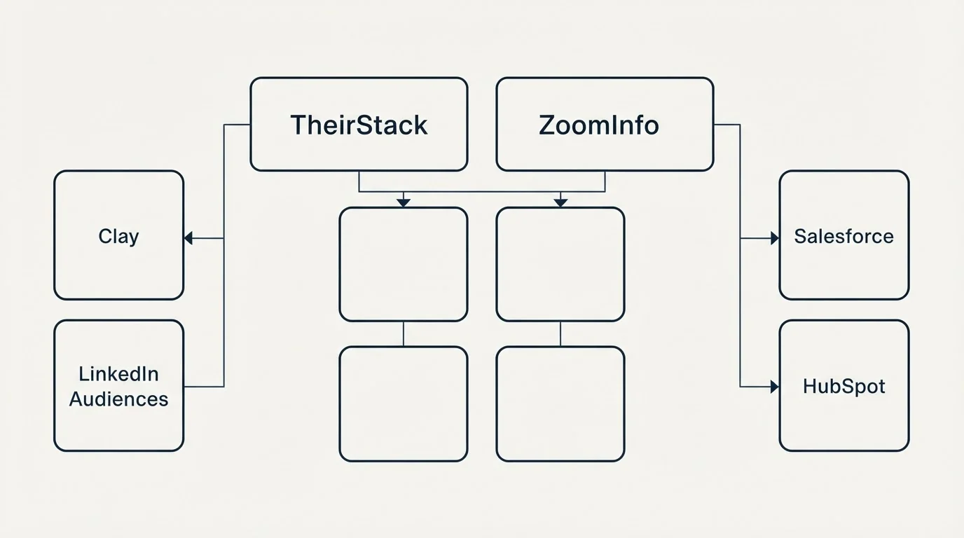 Integration grid: Integration Ecosystem (TheirStack, ZoomInfo, Clay, Salesforce)