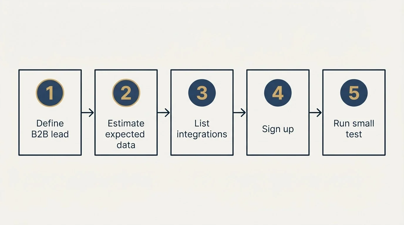 Step sequence: Getting Started Checklist (Define B2B lead, Estimate expected data, List integrations, Sign up)