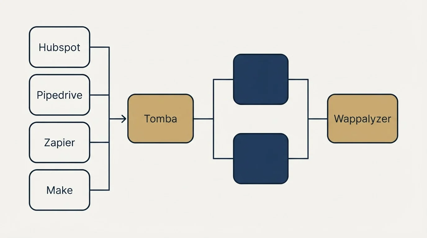 Integration flow: Integration Ecosystem (Tomba, Wappalyzer, Hubspot, Pipedrive)