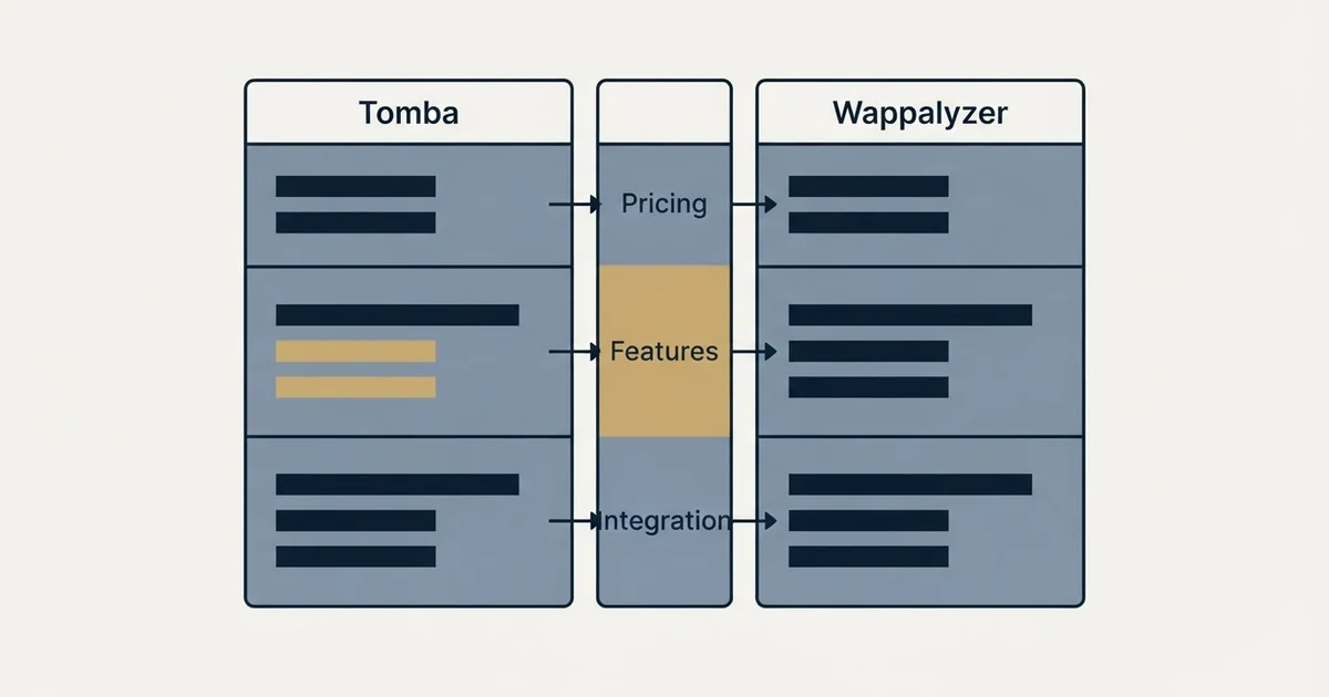 Comparison panel: Tomba vs Wappalyzer (Pricing, Features, Integration)