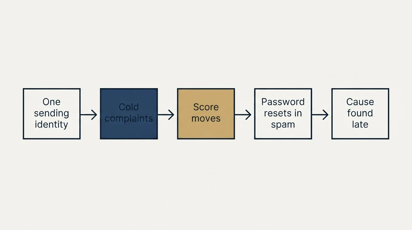 Schematic: Why the three never share a domain or an IP (One sending identity, Cold complaints, Score moves, Password resets in spam)