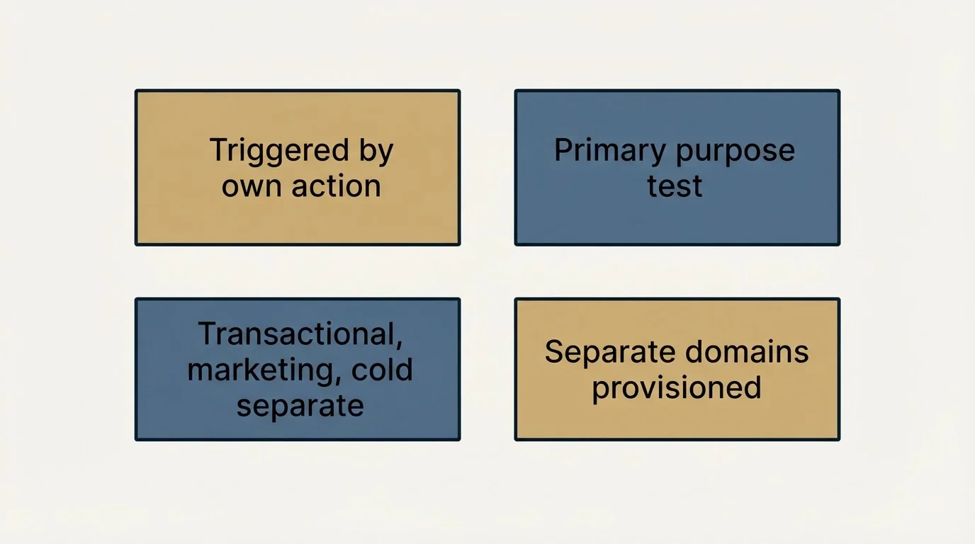 Schematic: The short version (Triggered by own action, Primary purpose test, Transactional, marketing, cold separate, Separate domains provisioned)