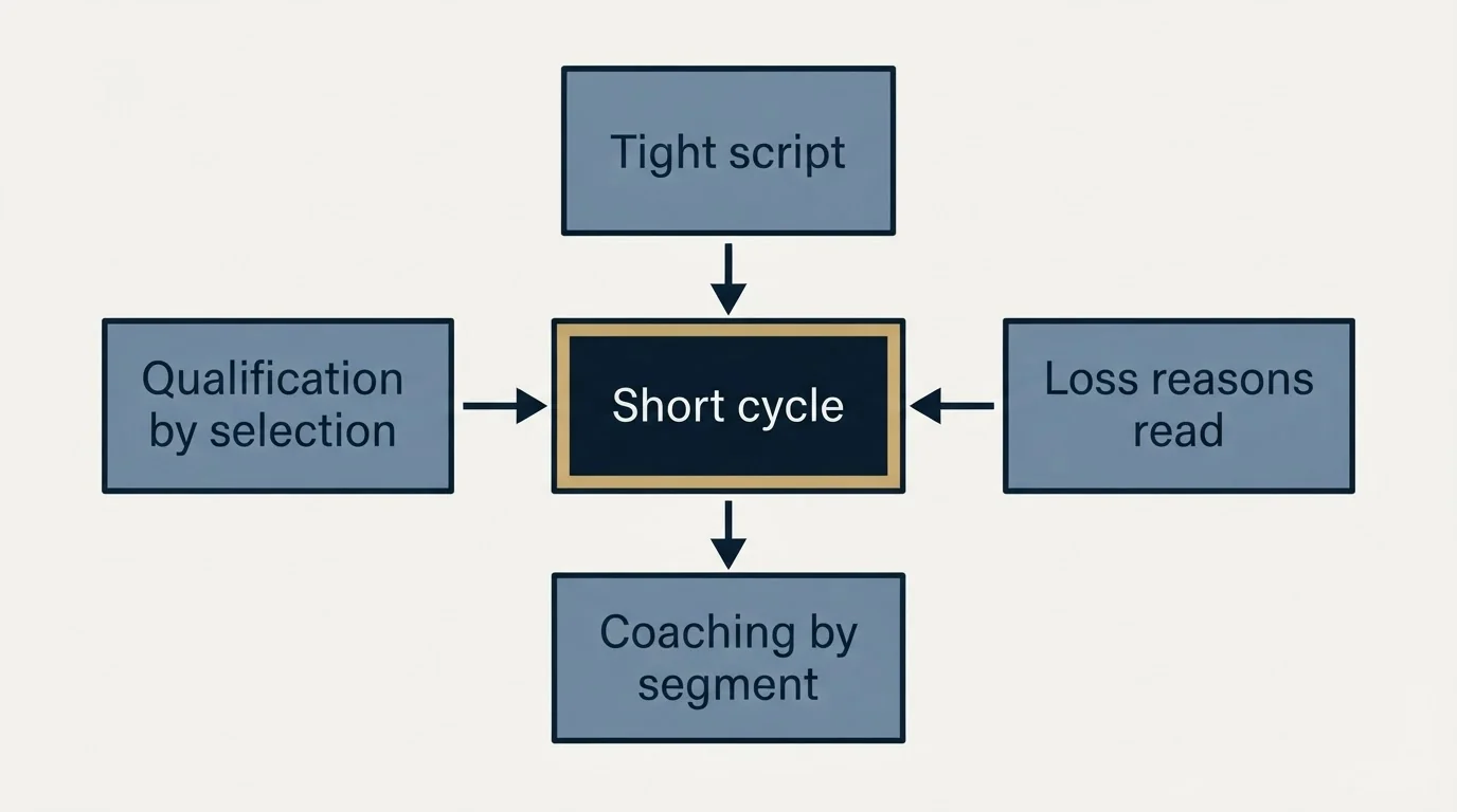 Schematic: What a transactional motion still requires (Short cycle, Tight script, Qualification by selection, Loss reasons read)