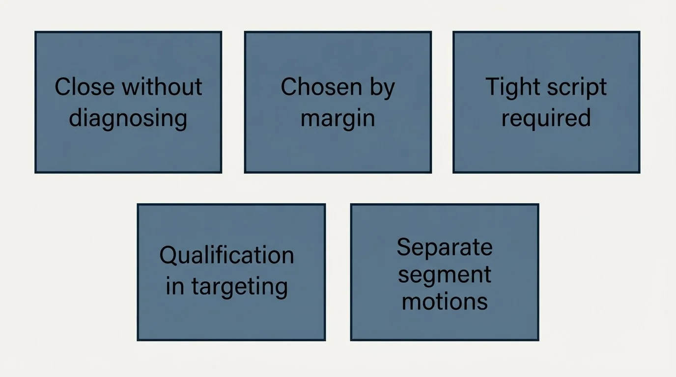 Schematic: The short version (Close without diagnosing, Chosen by margin, Tight script required, Qualification in targeting)