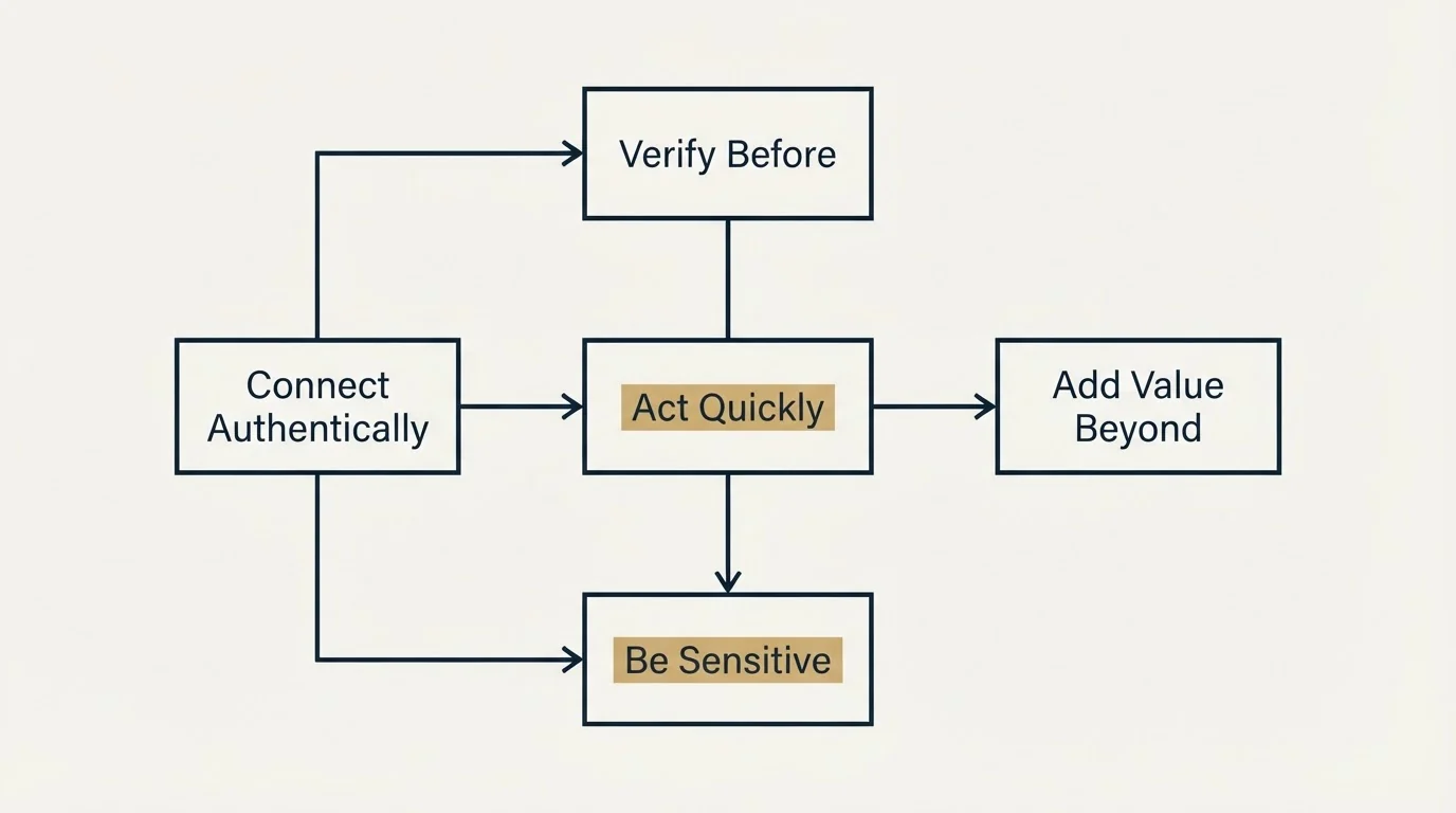 Schematic: Best Practices for Trigger Event Emails (Act Quickly, Connect Authentically, Add Value Beyond, Be Sensitive)