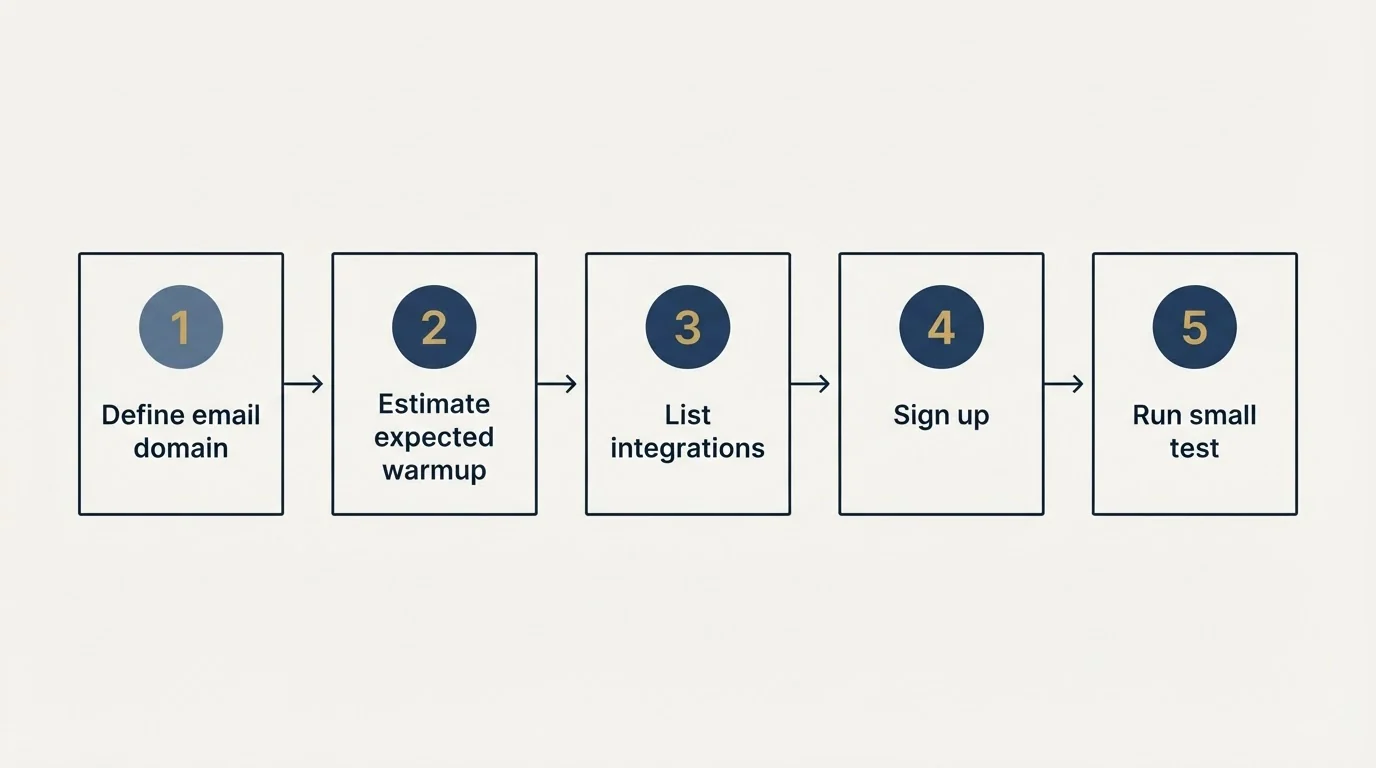 Step sequence: Getting Started Checklist (Define email domain, Estimate expected warmup, List integrations, Sign up)