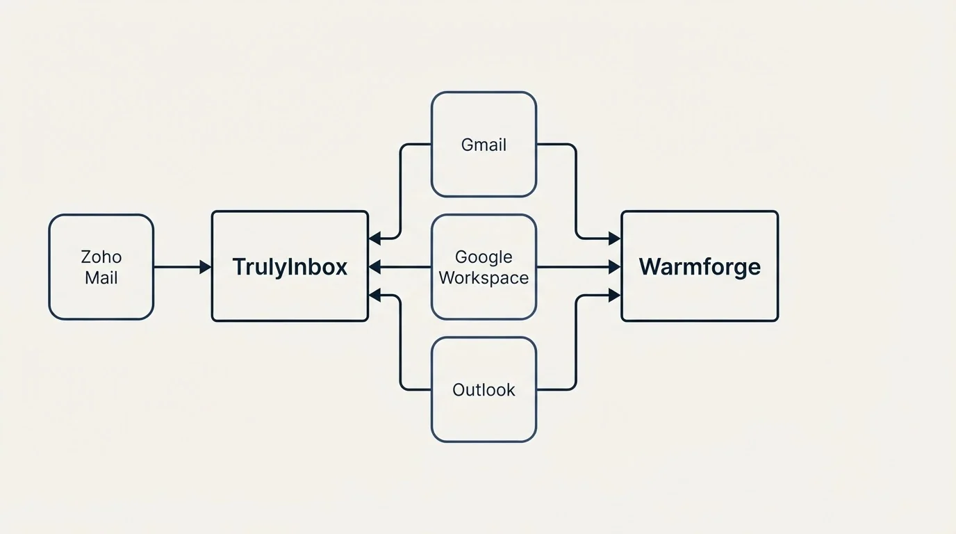 Integration schematic: Integration Ecosystem (TrulyInbox, Warmforge, Gmail, Google Workspace)